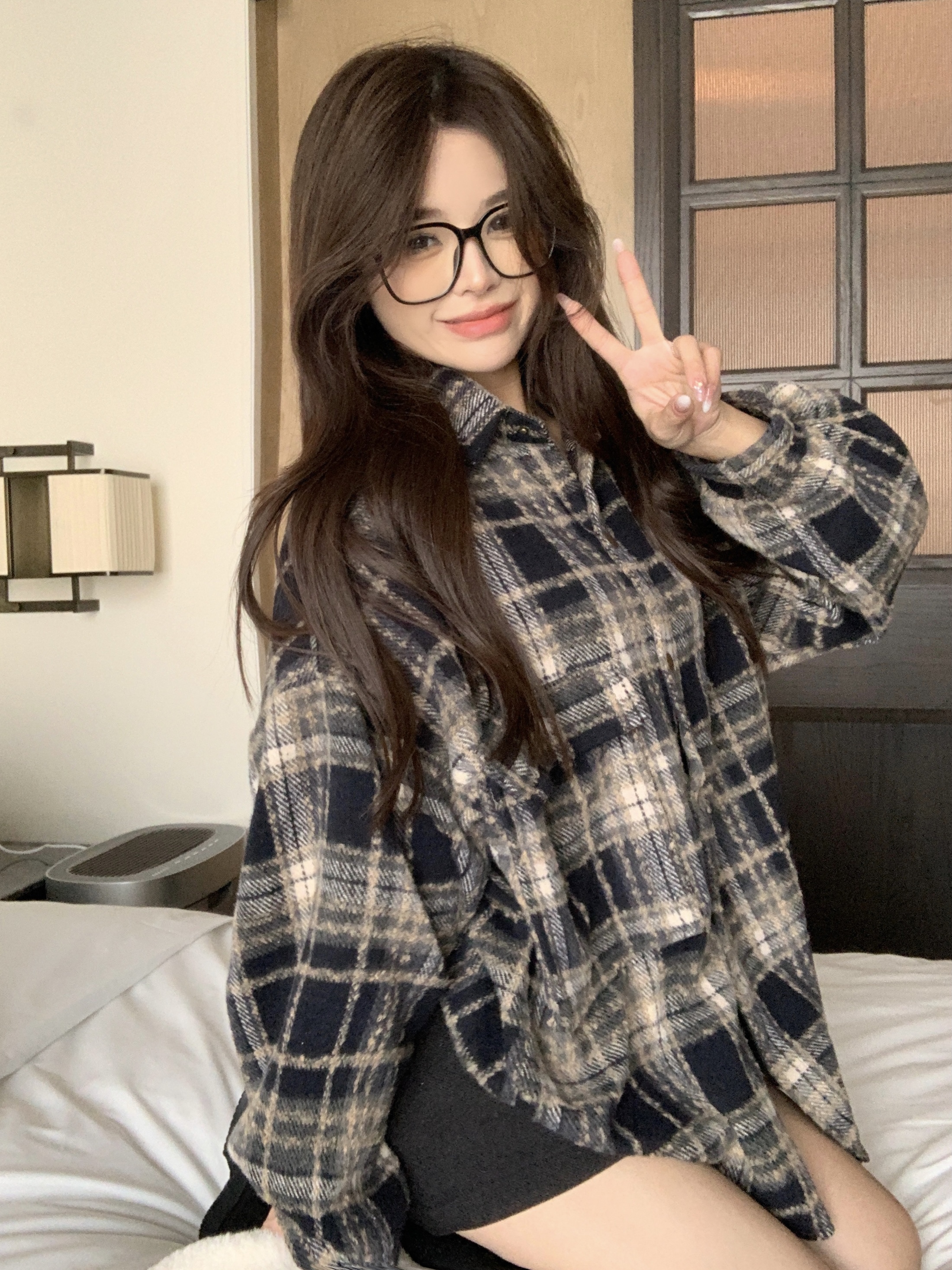 實拍 美式復古設計感毛呢加厚格子休閒百搭襯衣外套女