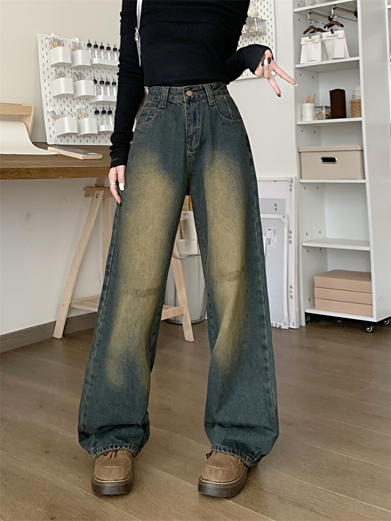 實拍抓絨高腰闊腿牛仔褲女2023年新款秋冬加厚復古寬鬆直筒褲子
