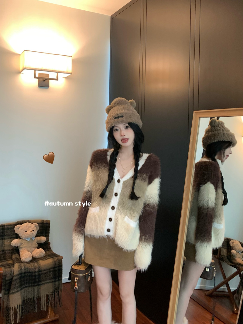 實拍~ic美拉德穿搭仿貂毛針織開衫外套秋冬毛絨上衣
