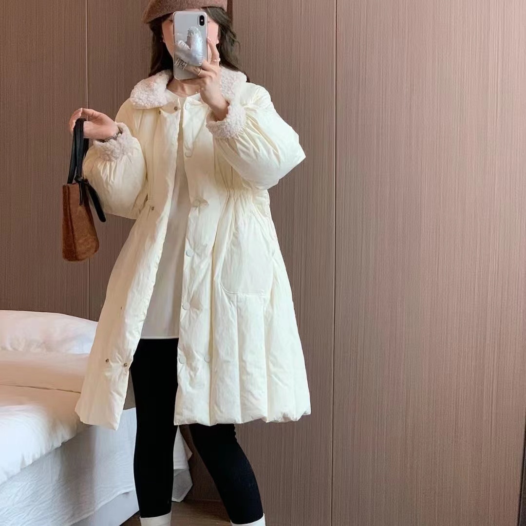 Miss Chipmunk Olaf patchwork lambswool down jacket for women petite mid-length waisted jacket