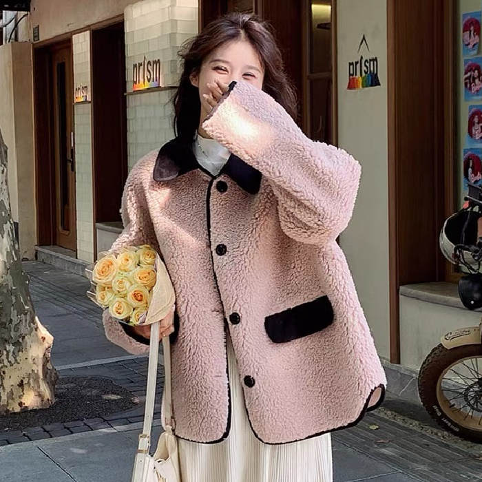 羊羔絨外套女2023韓版東大門新款粉色秋冬裝新品韓版休閒寬鬆上衣