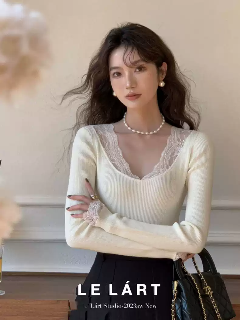 LELART 女裝秋季2023新款法式氣質蕾絲花邊修身顯瘦針織衫女內搭