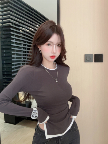 Real shot~Fashionable design, retro contrasting fake two-piece long-sleeved T-shirt, irregular pleated slim fit and versatile top