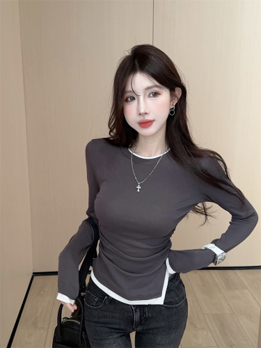 Real shot~Fashionable design, retro contrasting fake two-piece long-sleeved T-shirt, irregular pleated slim fit and versatile top