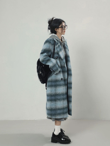 Blue plaid woolen coat for women  winter new style mid-length woolen top versatile temperament coat