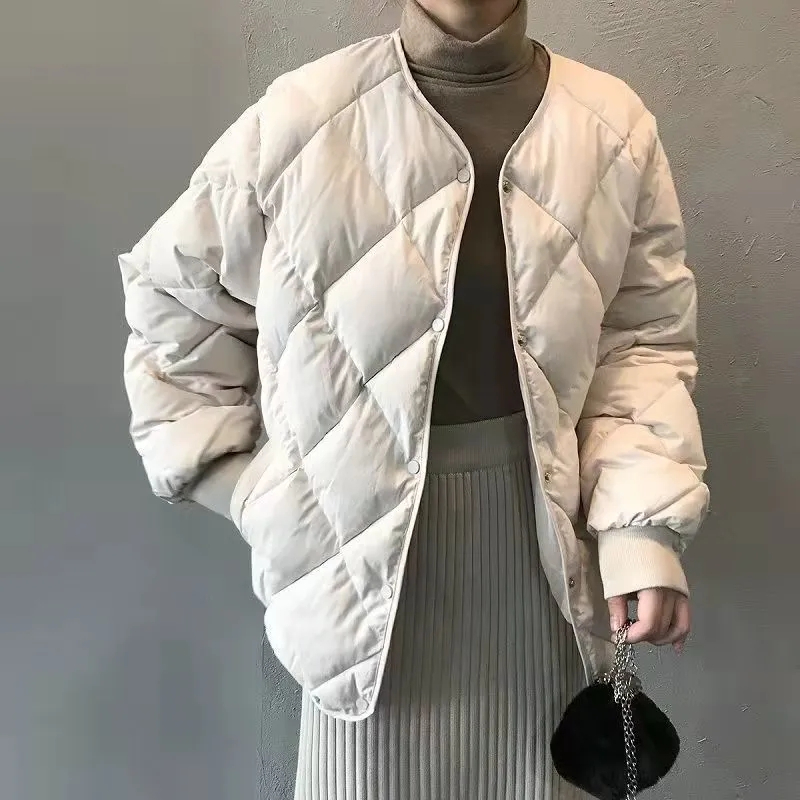 2023 Spring and Autumn New Down Jacket Women's Short Lightweight Collarless Japanese Diamond Plaid Cotton Jacket Casual Trendy Jacket