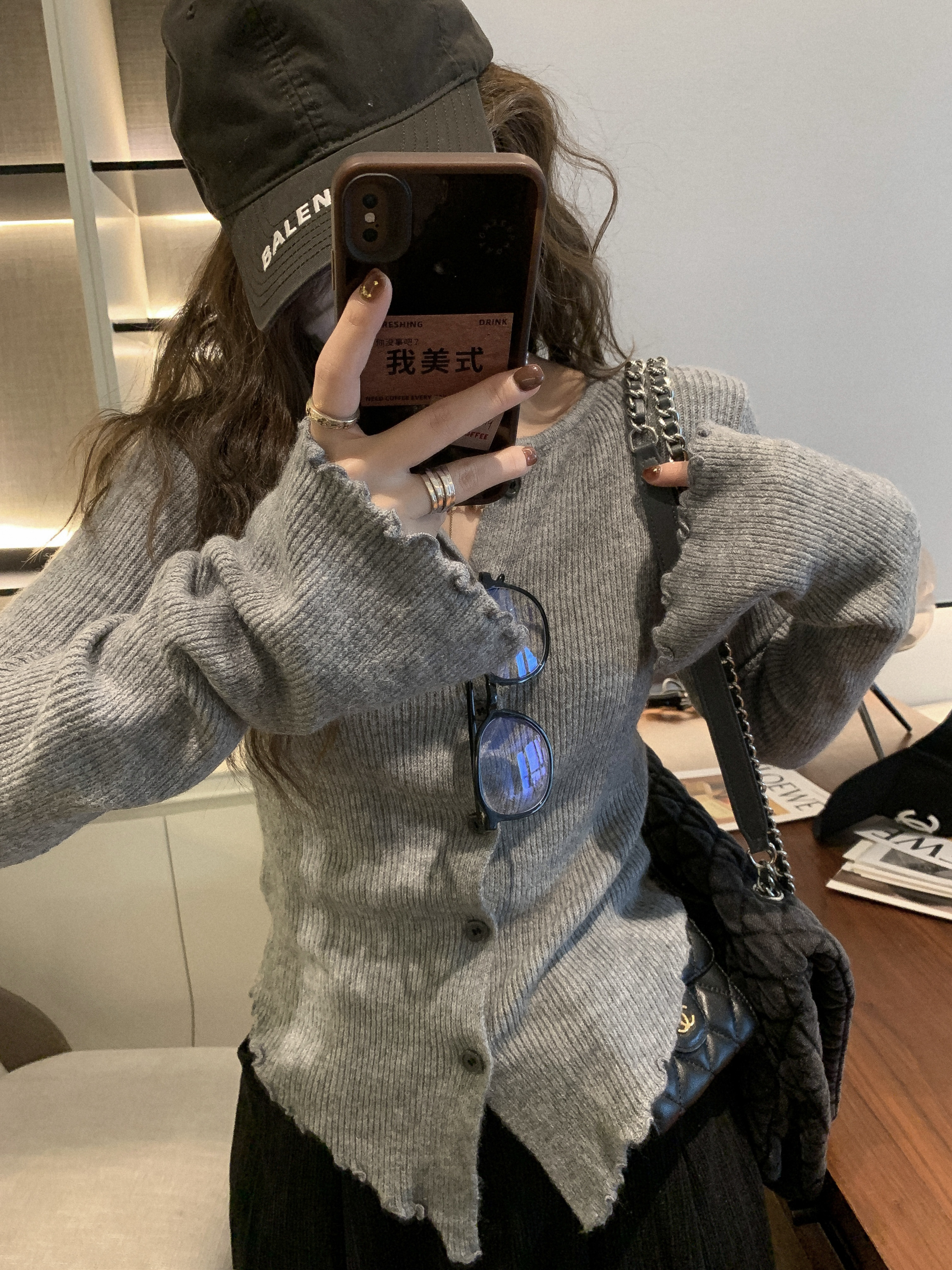 OHLABABY 木耳邊低圓領針織小開衫秋冬內搭打底毛衣女紙片人上衣