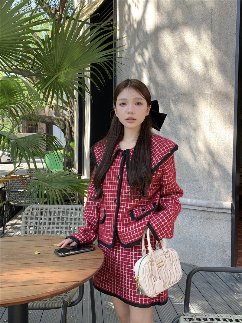 實拍小香風聖誕氣氛撞色格子仿水貂減齡套裝