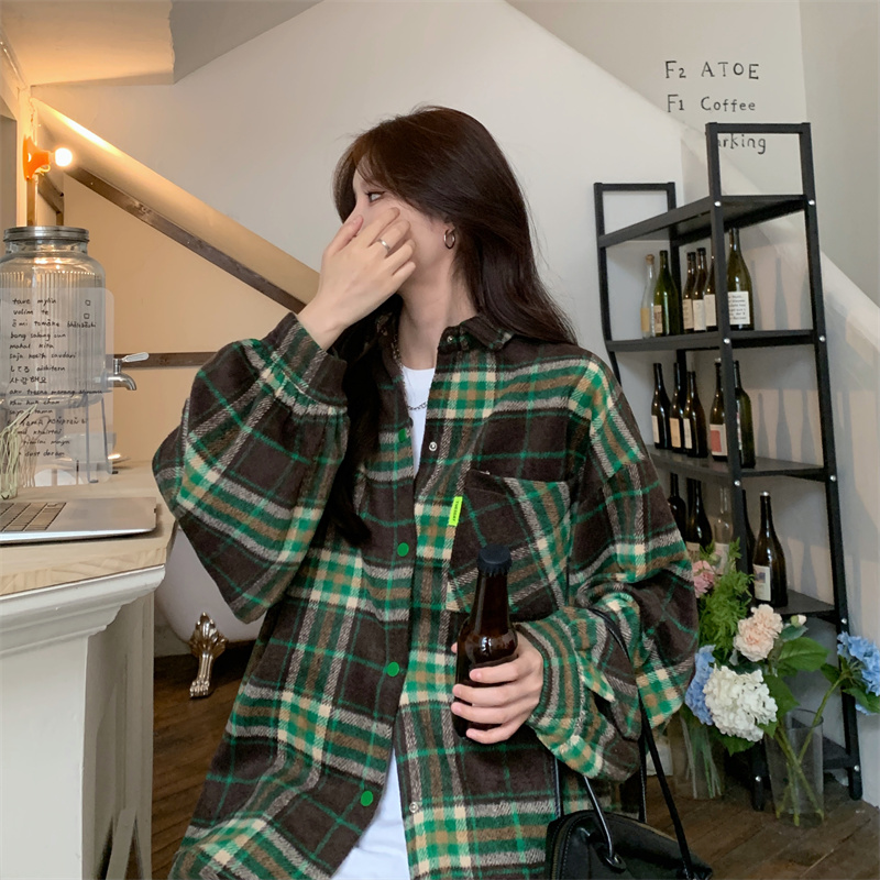Retro green woolen plaid shirt jacket for women autumn mid-length loose bf lazy style shirt
