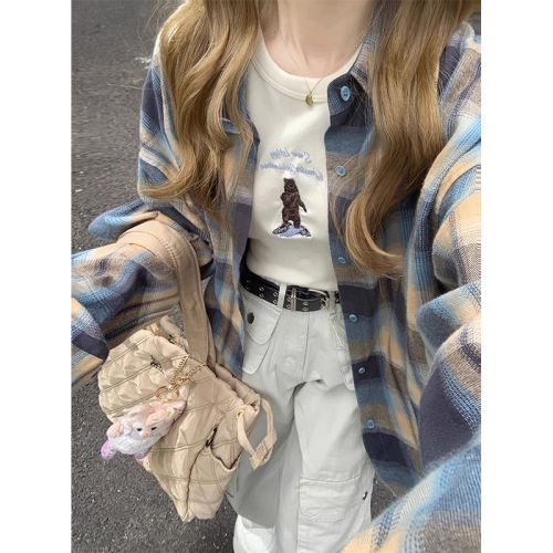 Plaid contrast plaid long-sleeved shirt for women spring and autumn embroidered loose lazy style shirt for women