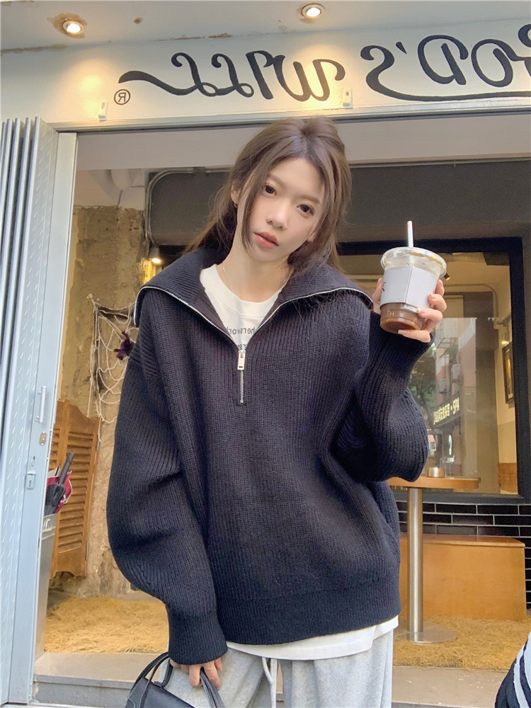 實拍~韓系INS 拉鏈大翻領通勤毛衣女冬季休閒百搭保暖上衣