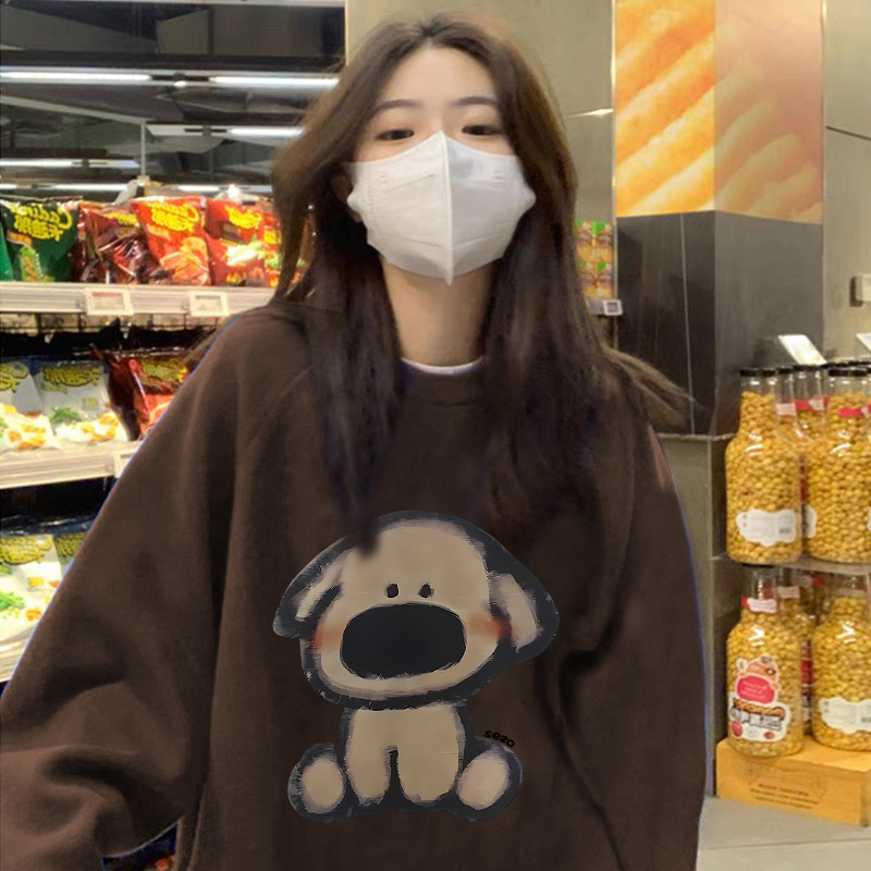 藝術生奶乖衛衣女秋冬新款棕色加絨加厚小個子慵懶風圓領長袖上衣
