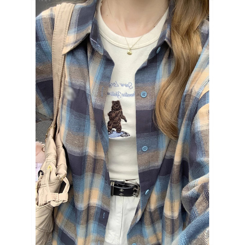 Plaid contrast plaid long-sleeved shirt for women spring and autumn embroidered loose lazy style shirt for women