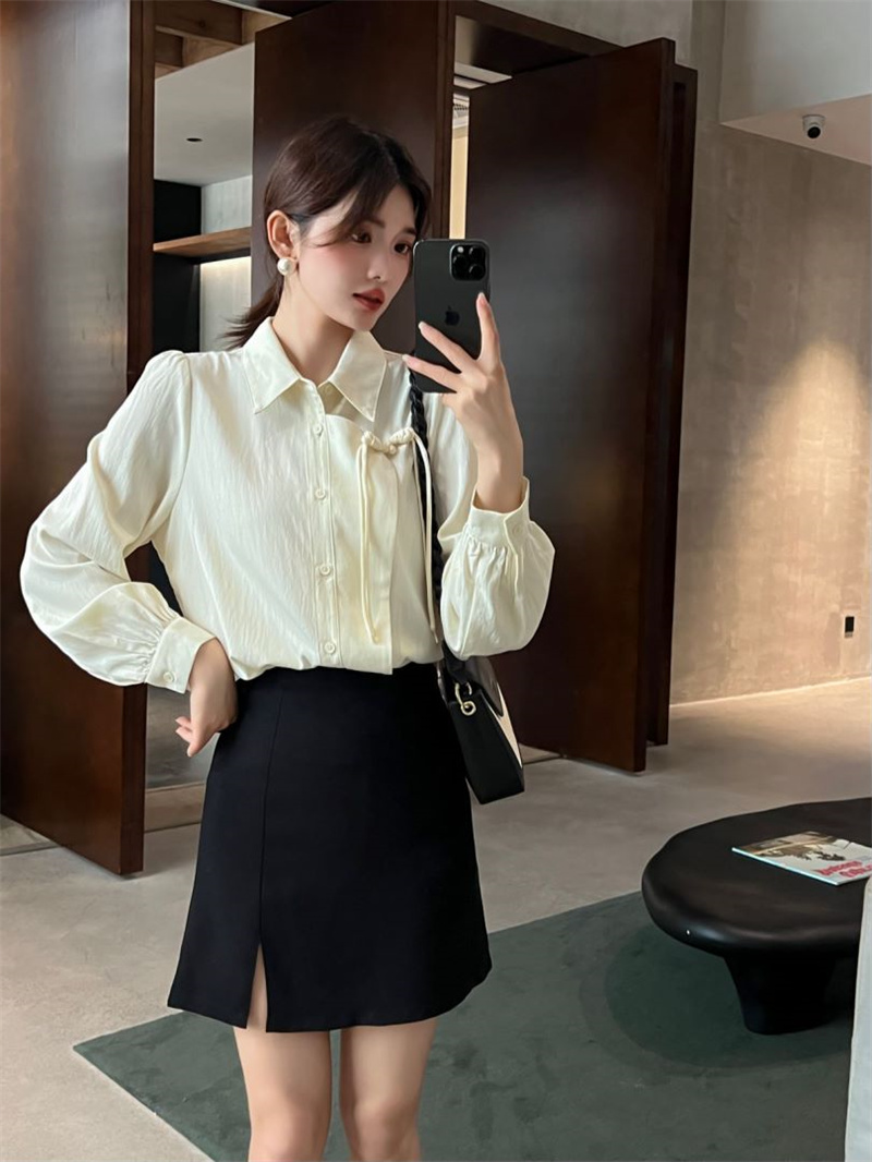 實拍~國風新中式襯衫女杏色氣質通勤襯衫盤扣小眾上衣