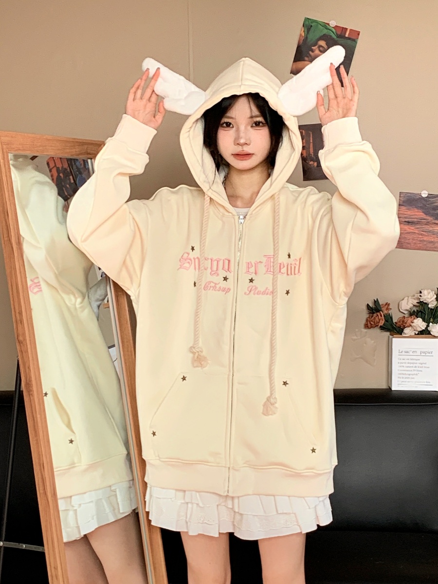 做夢特長生 美式甜美風可拆卸小翅膀連帽外套奶呼呼寬鬆加絨帽衫