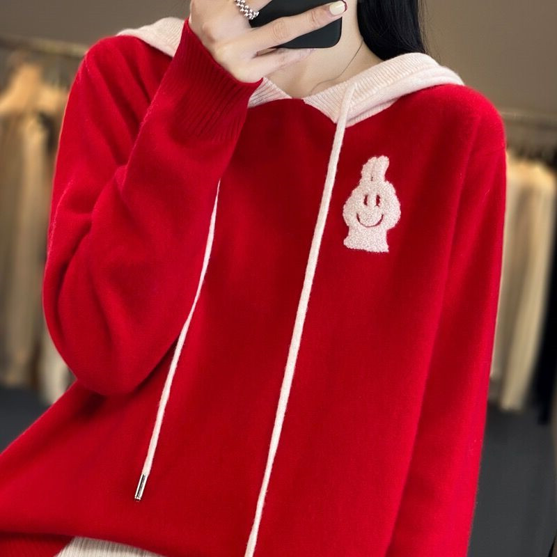 歐貨輕奢春秋新款本命年紅色小兔羊毛帽衫女長袖拼色針織連帽毛衣