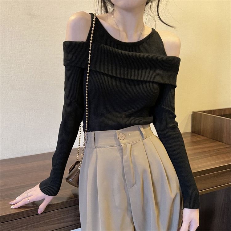 實拍露肩掛脖假兩件針織衫秋冬高級感打底毛衣小眾上衣女