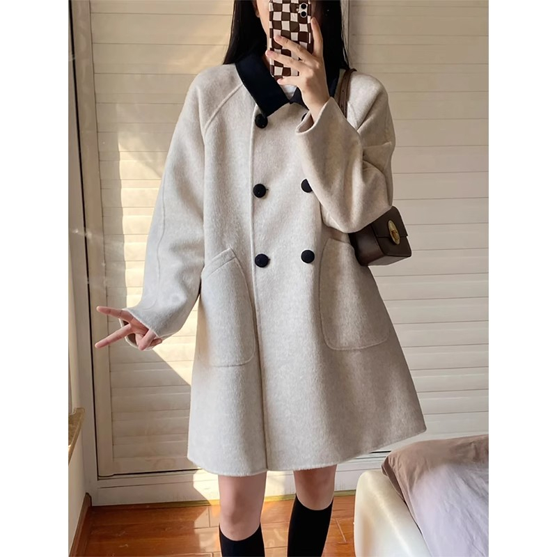 Retro contrasting color lapel mid-length woolen coat for women small Korean style loose slim versatile woolen coat for women