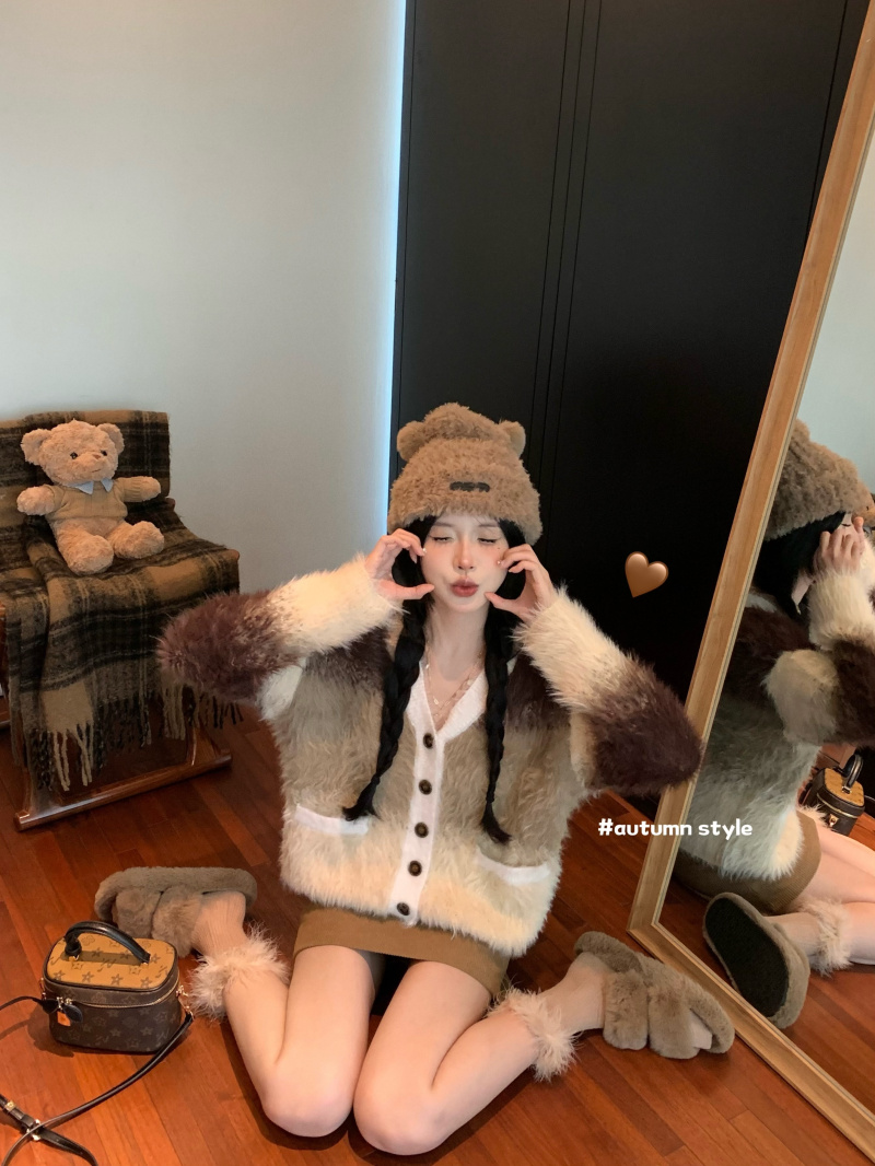 實拍~ic美拉德穿搭仿貂毛針織開衫外套秋冬毛絨上衣