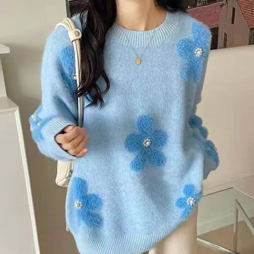 奶藍色軟糯毛衣女學生秋冬新款釘珠花朵時尚洋氣甜美針織衫