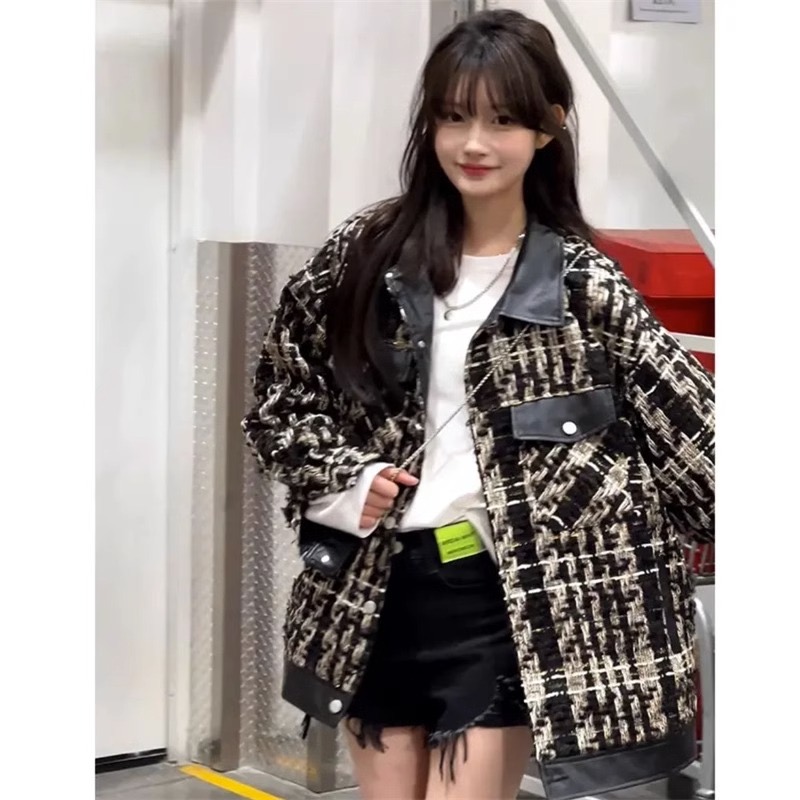 American retro PU leather stitching small fragrant style jacket for women 2023 spring and autumn new loose casual versatile couple jacket