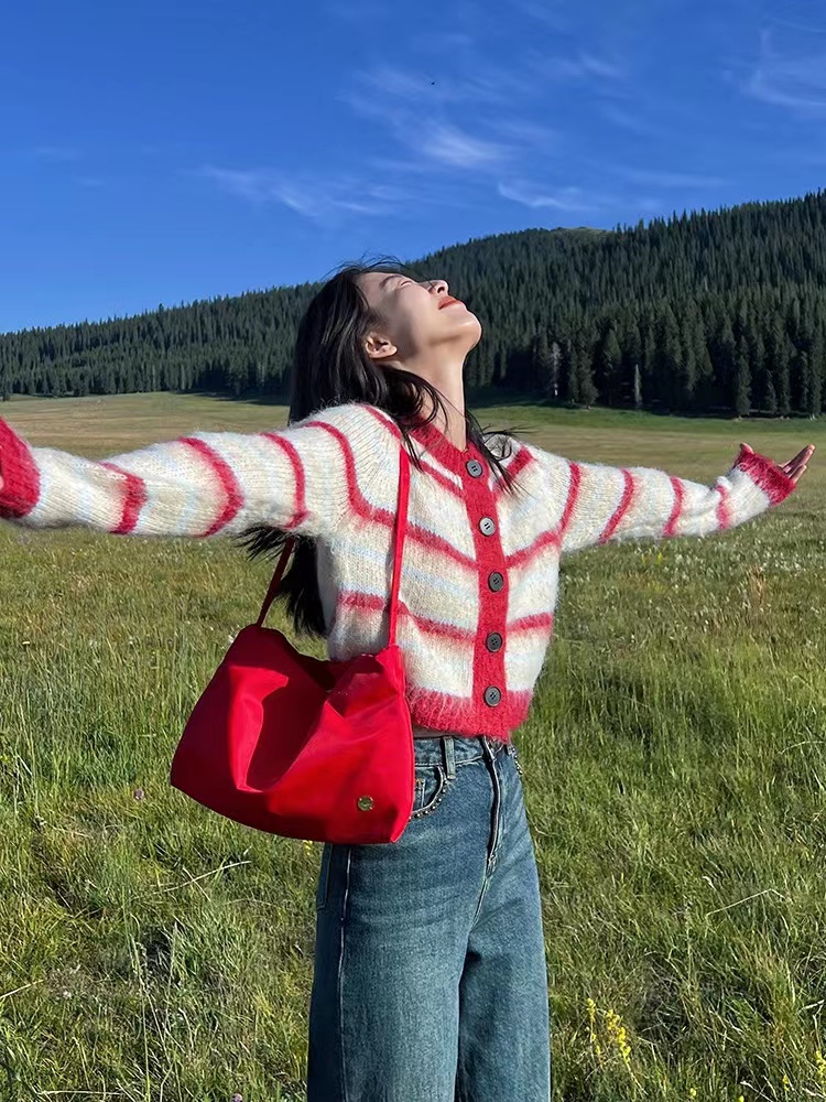 彩虹條紋寬鬆套頭毛衣女年秋季新款韓系慵懶風甜美針織衫上衣