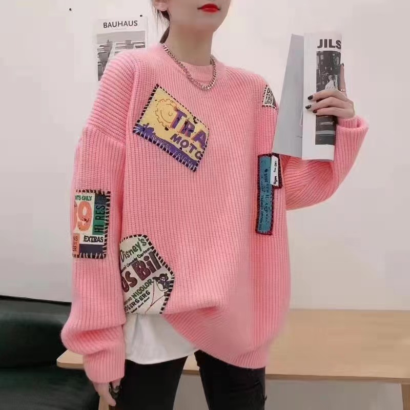貼標坑條寬鬆加厚毛衣打底衫女秋冬新款套頭針織
