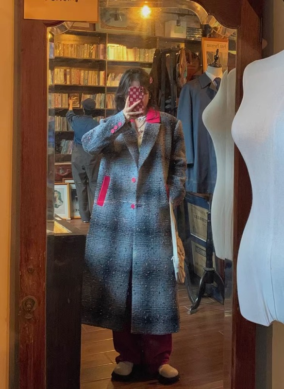 FunnJ Fangji retro Fengshen MVP plaid mid-length quilted woolen coat women's thick long woolen coat