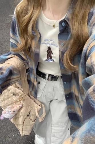 Plaid contrast plaid long-sleeved shirt for women spring and autumn embroidered loose lazy style shirt for women