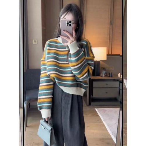 Nikko Rainbow Korean style lazy style colorful striped knitted cardigan sweater