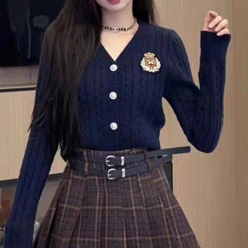 秋冬新款韩版时尚学院风V领刺绣单排扣针织开衫上衣女