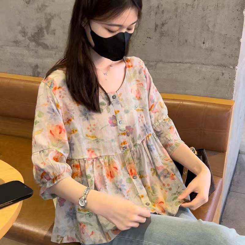 中年媽媽夏款棉麻碎花上衣女中袖大碼胖mm寬鬆遮肚子顯瘦短袖t恤