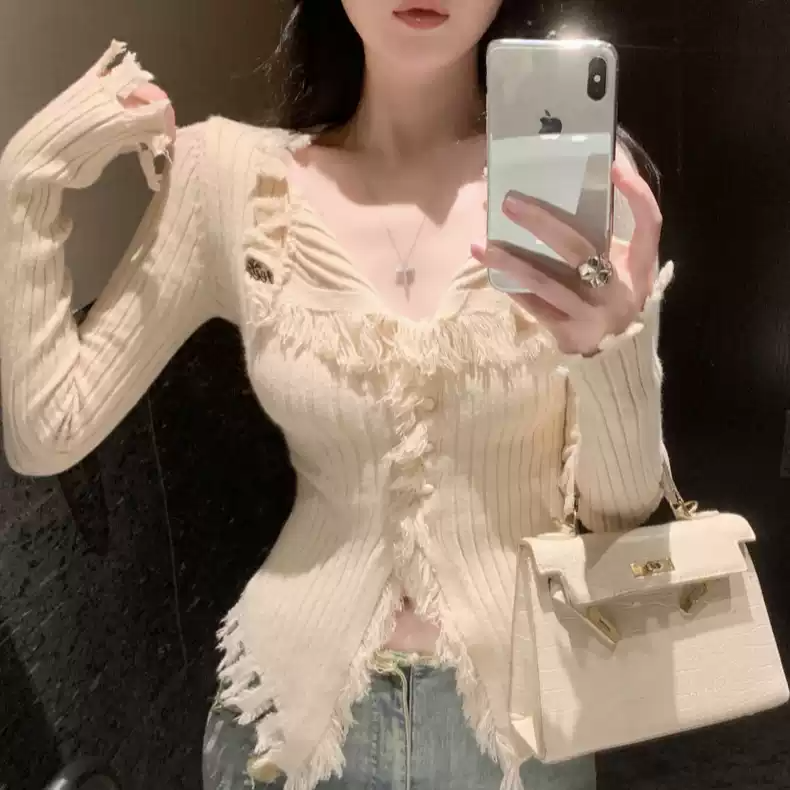 美拉德流蘇毛毛針織衫女秋冬純欲辣妹v領上衣不規則毛衣開衫外套
