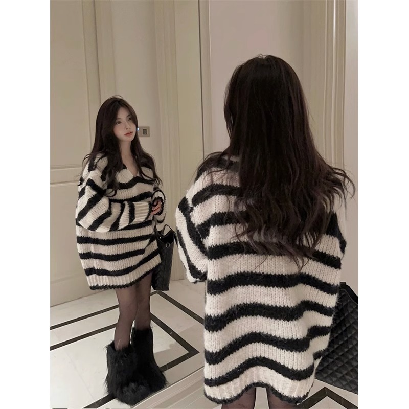 黑白條紋v領套頭大版毛衣女2023新款秋冬季寬鬆慵懶風針織衫上衣