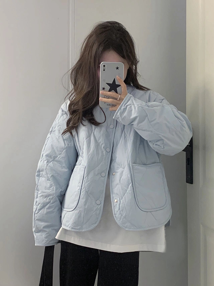 Milk blue rhombus short down cotton jacket, Korean style gentle style cotton jacket, milk style loose cotton padded jacket for female students, winter