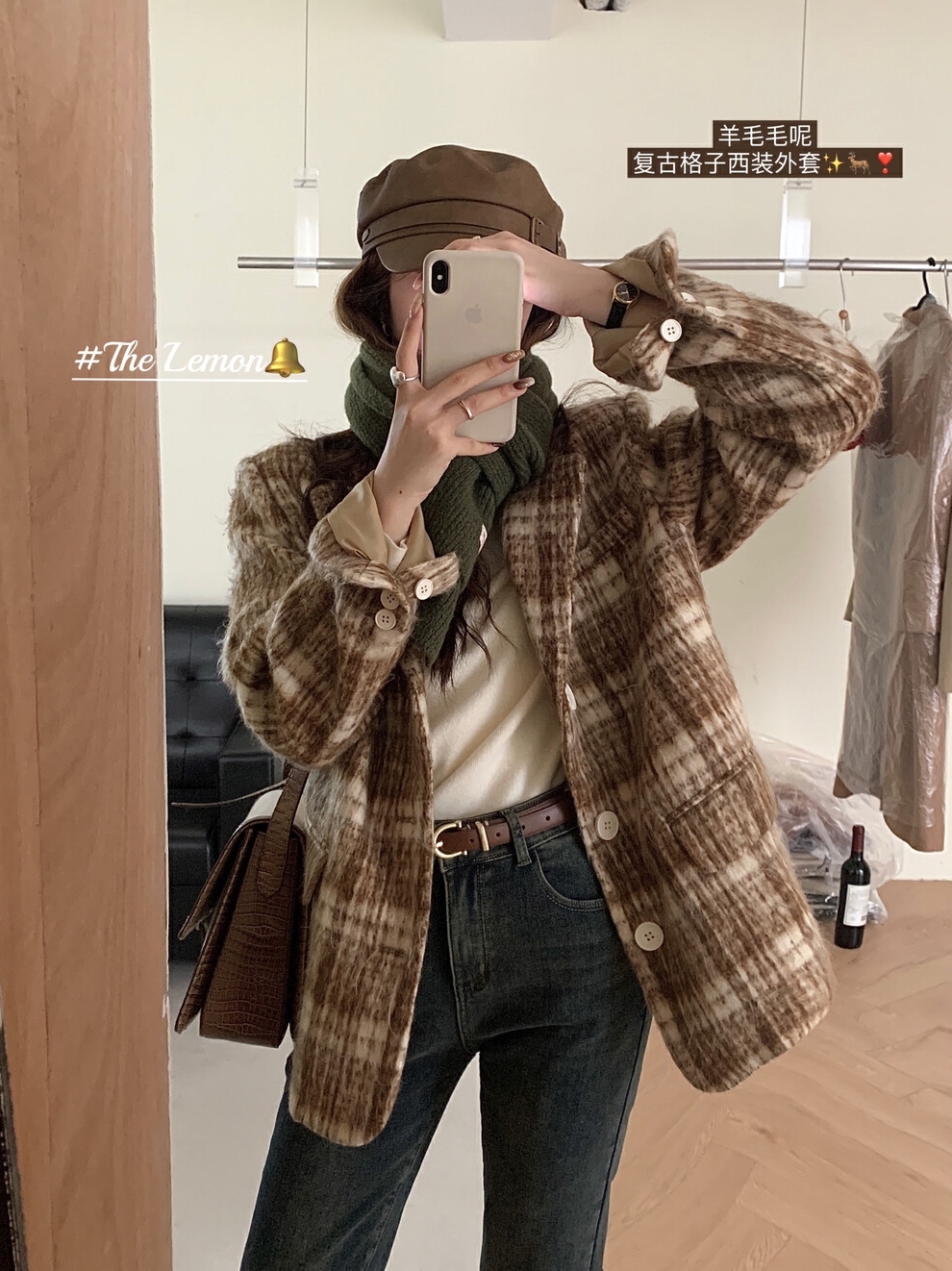 THE LEMON Lemon Green Tea Plaid Woolen Blazer Women's Winter College Style Thick Woolen Coat