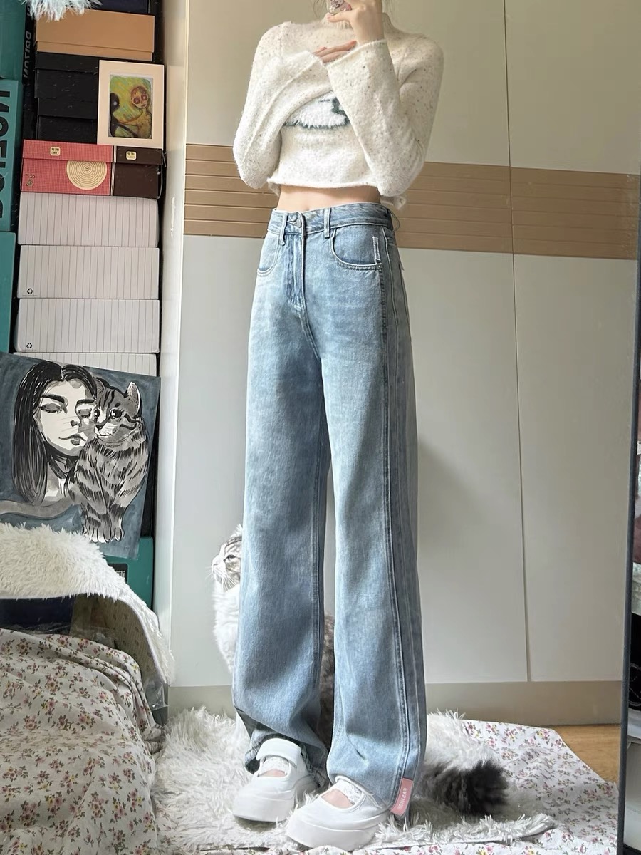 淺色高腰牛仔褲女春秋新款寬鬆顯瘦拖地褲設計感小眾闊腿直筒褲子