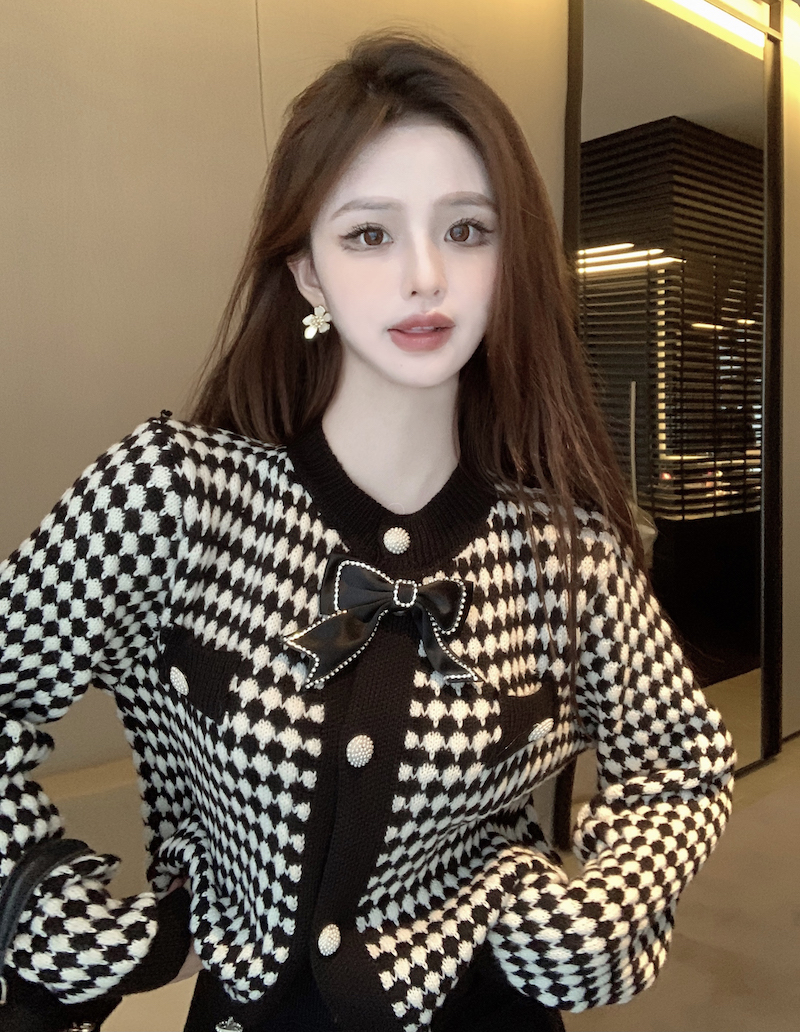 實拍 小香風秋冬新款洋氣千鳥格外套蝴蝶結短款針織毛衣開衫女