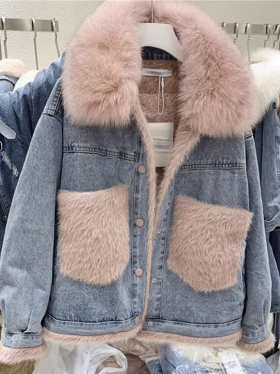 韓版時尚大毛領加絨牛仔棉服女秋冬新款加厚寬鬆拼接棉衣外套