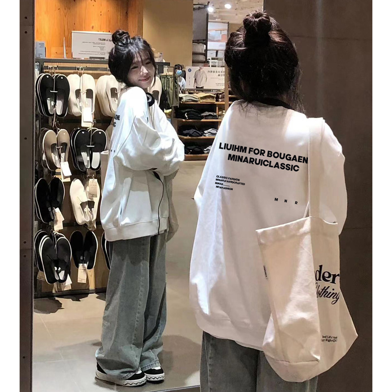 白色圓領美式復古重磅純棉衛衣女春秋款寬鬆oversize情侶潮牌上衣