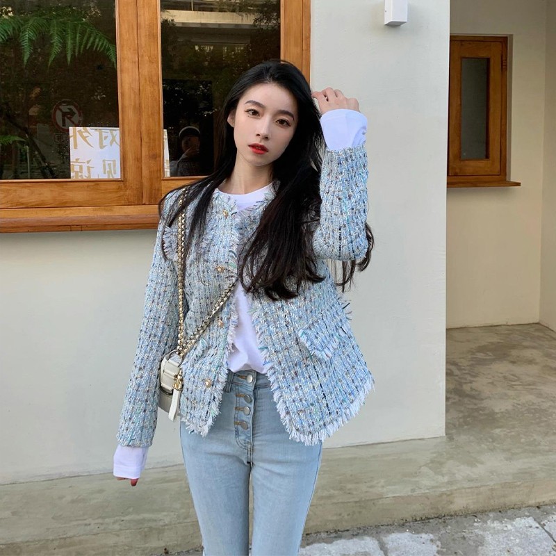 藍色小香風粗花呢外套女新款氣質百搭名媛設計感小眾流蘇開衫