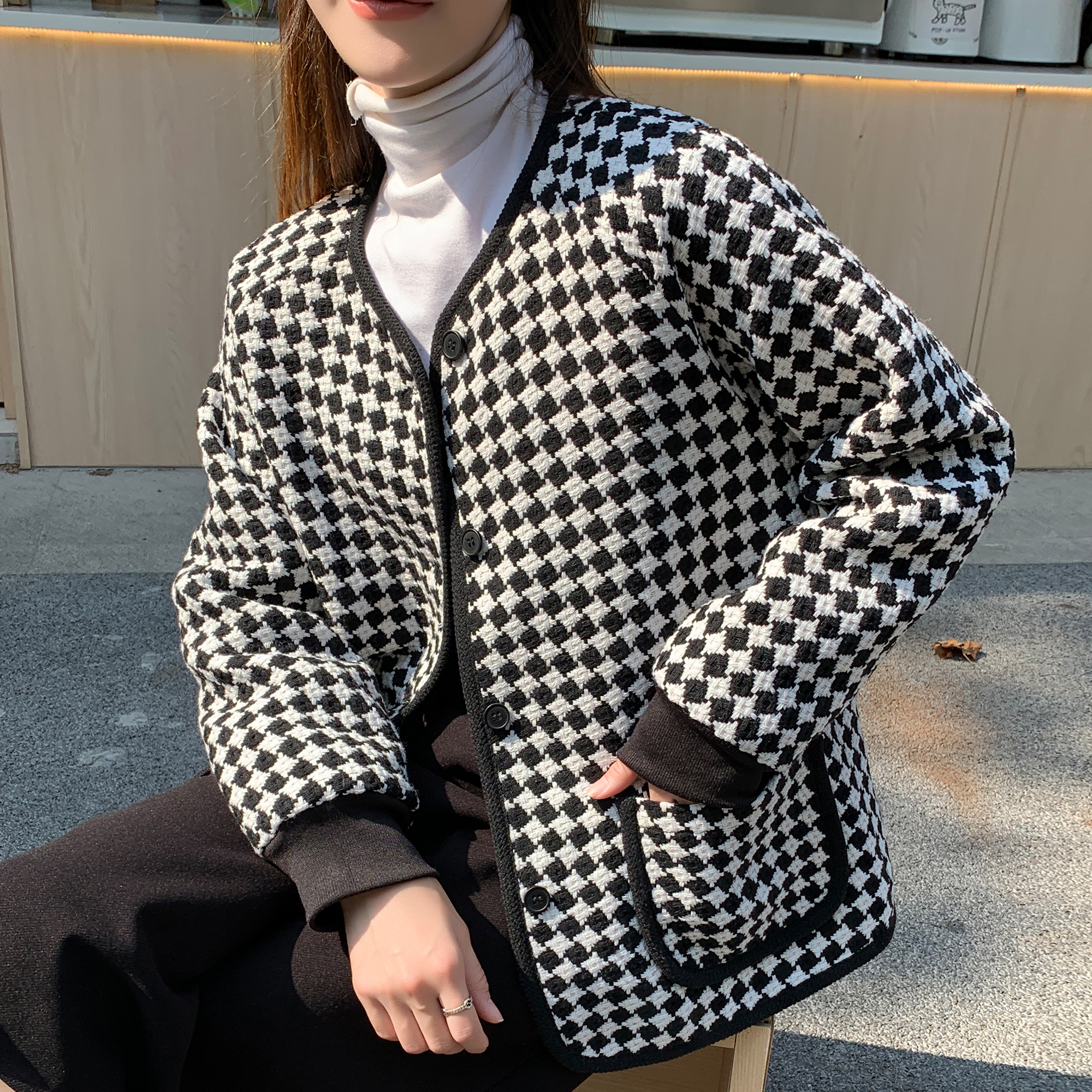 7625 real shot small fragrant style jacket for women short autumn and winter houndstooth high-quality loose cotton short jacket top