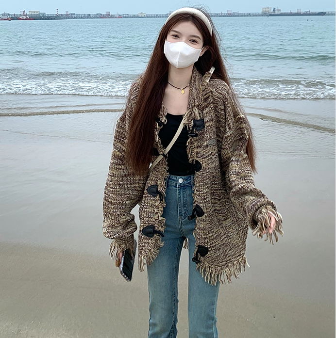 秋冬裝大碼女裝開衫牛角扣針織開衫毛衣設計感流蘇毛邊小香風外套