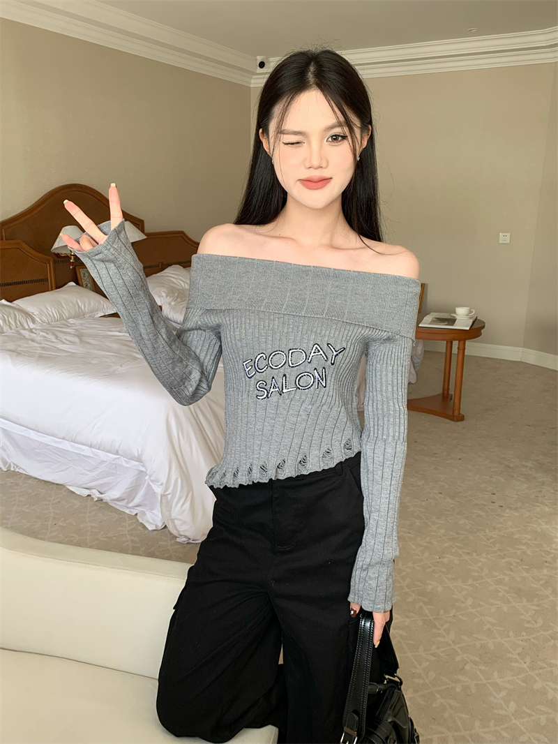實拍 不規則一字肩翻領辣妹針織上衣女