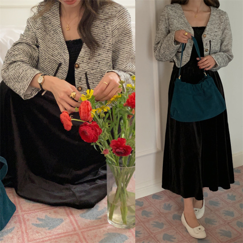韩版 法式浪漫小香风长袖外套+丝绒吊带裙套装 不拆卖