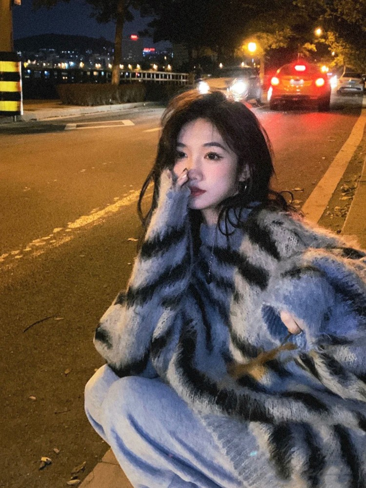 美式斑馬紋設計針織寬鬆慵懶風毛衣上衣