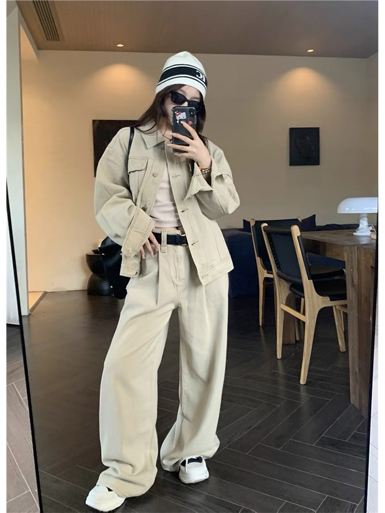 時尚套裝女甜酷POLO領長袖開衫外套秋季休閒寬鬆闊腿褲牛仔兩件套