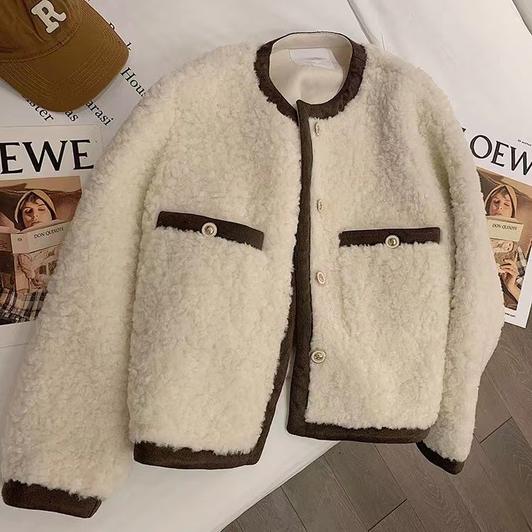 Original method Xiaoxiangfeng lamb wool coat for women thickened contrast color fur one-piece lamb wool short coat