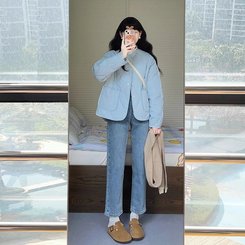 Blue rhombus quilted jacket for women, autumn and winter 2023 new style small people's cotton-padded clothes, cotton-padded jackets, short bread coats