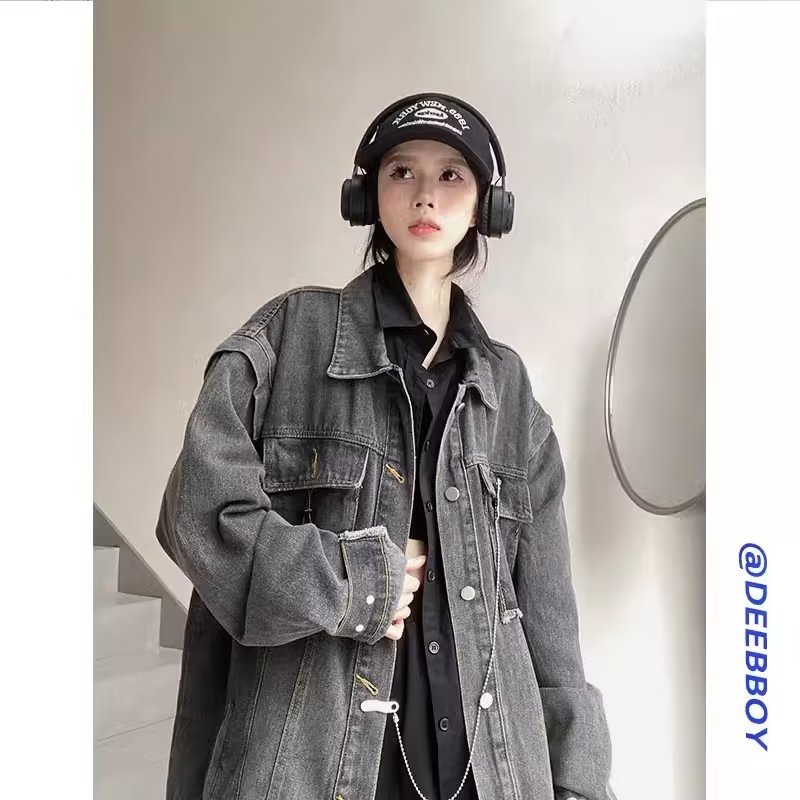 歐美hiphop高中生牛仔外套女春秋中長款牛仔衣褂子美式工裝夾克衫